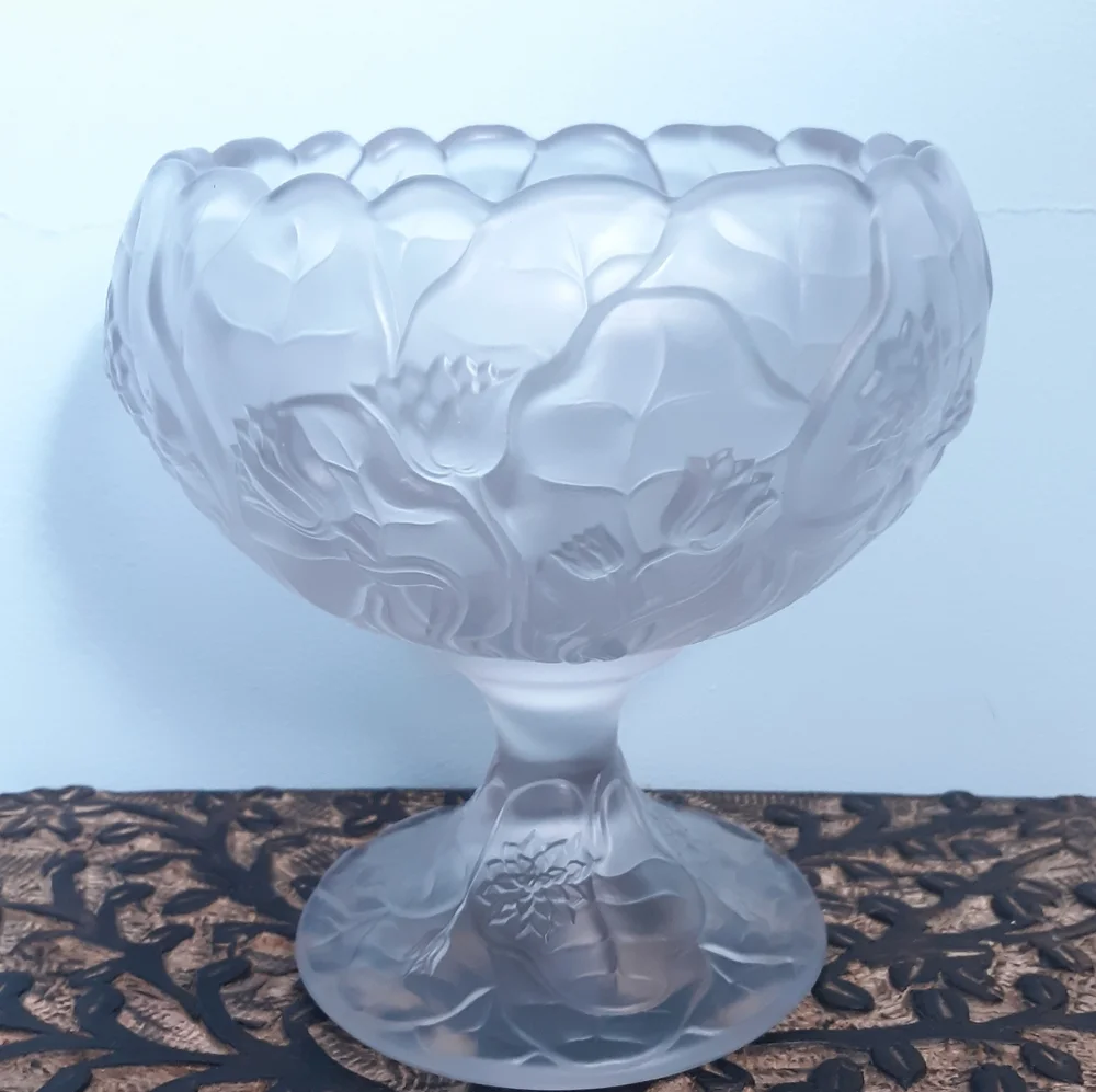 Fenton Satin Glass Water Lily Pedestal Compote Floral Candy Chalice Cup Bowl